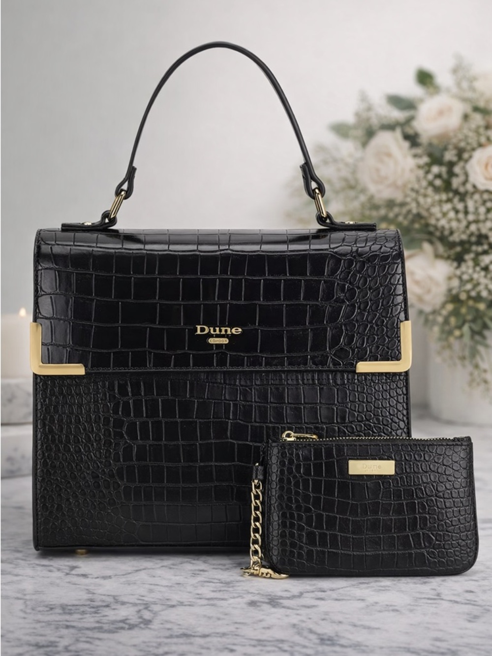 Dune London Black Croc-Embossed Top Handle Bag with Pouch NWT